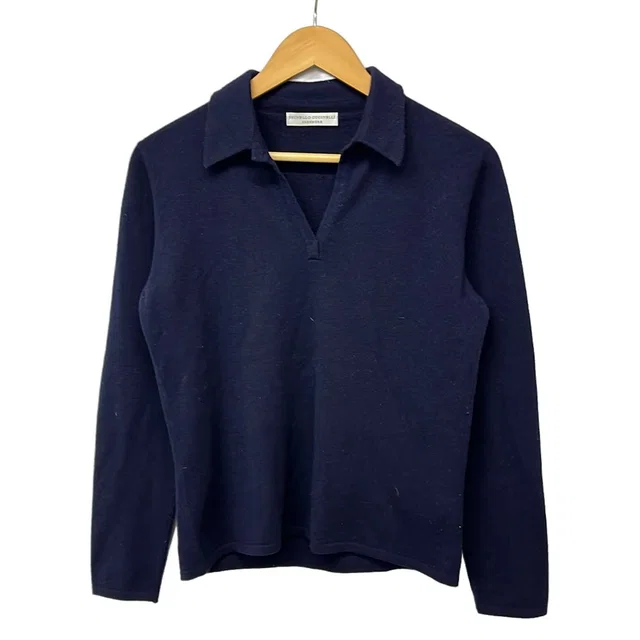 Brunello Cucinelli Long Sleeve Sweater L Navy Neck Cashmere Collared Polo in Navy Cashmere from The Reluxe
