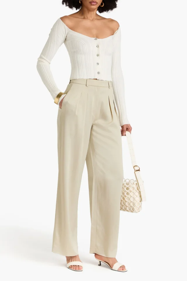 Nanushka Pleated Satin Wide-Leg Pants in Ecru, photo 2 of 4 from THE OUTNET