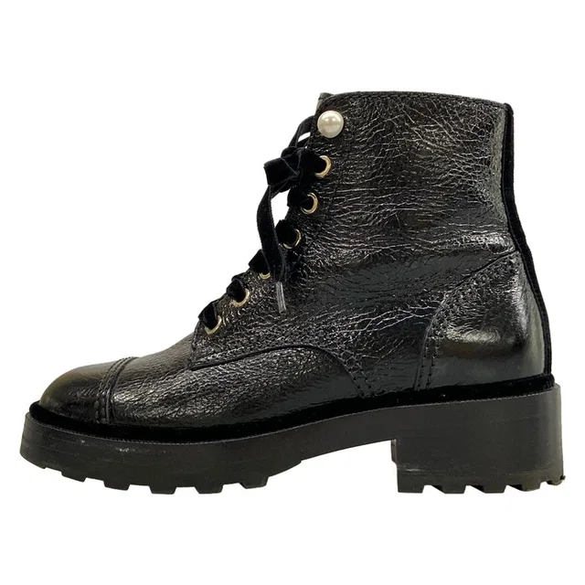 Chanel Short Boots Black Faux Pearl Lace-up Leather in Black Leather from The Reluxe