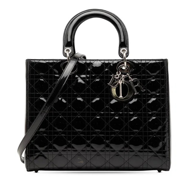 Black Dior Large Patent Cannage Lady Dior Satchel in Black Patent leather from Designer Revival