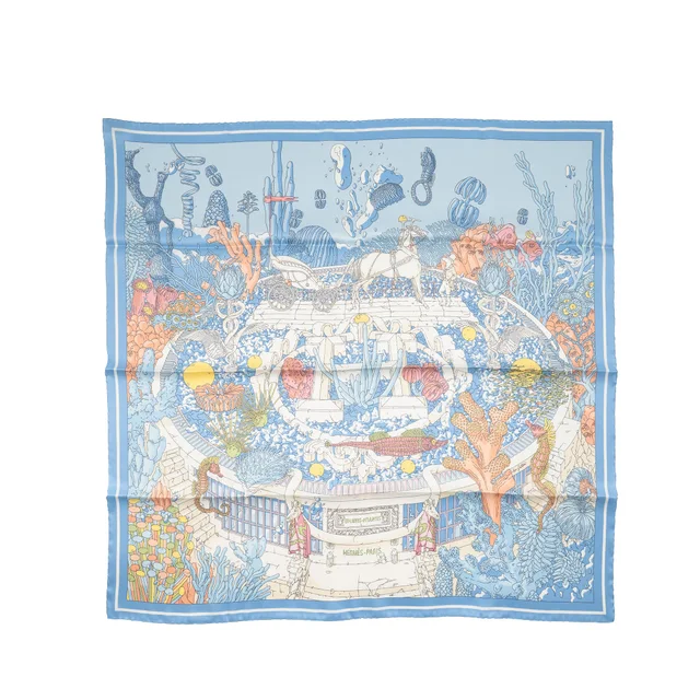 Hermès 70cm Silk Scarf Ex-Libris Atlantis Blue/Multicolour in Blue Silk from EMIER