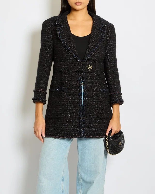 Chanel 07/A Navy Tweed Belted Jacket with Pocket Detail Size FR 38 (UK 10) in Navy Tweed from Sellier