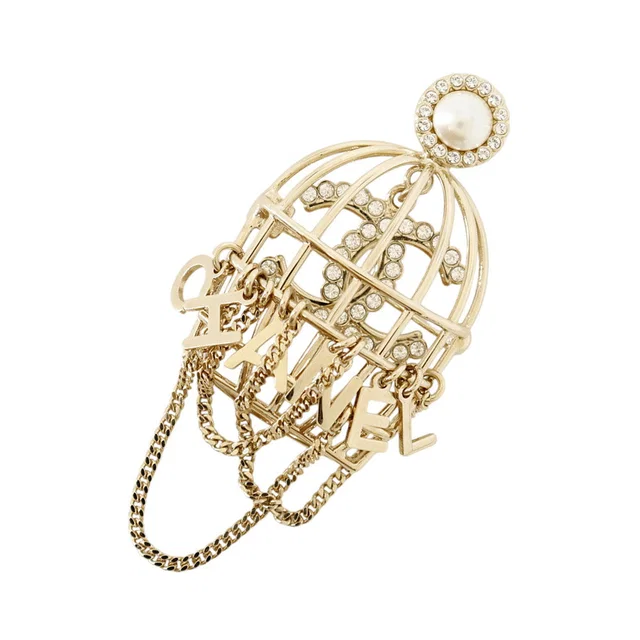Chanel Birdcage Brooch Gold Metal Faux Pearl Rhinestone in Gold from GALLERY RARE