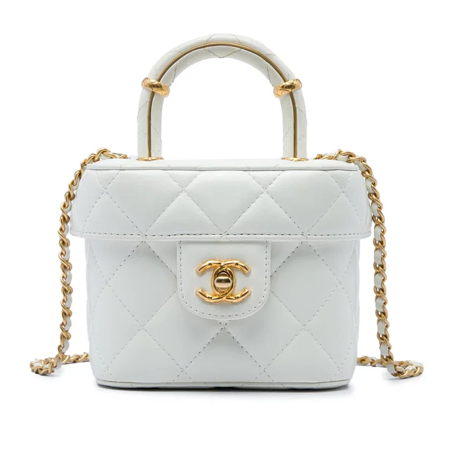 White Chanel Mini CC Quilted Lambskin Vanity Top Handle Cosmetic Case Satchel in White Lambskin from Designer Revival