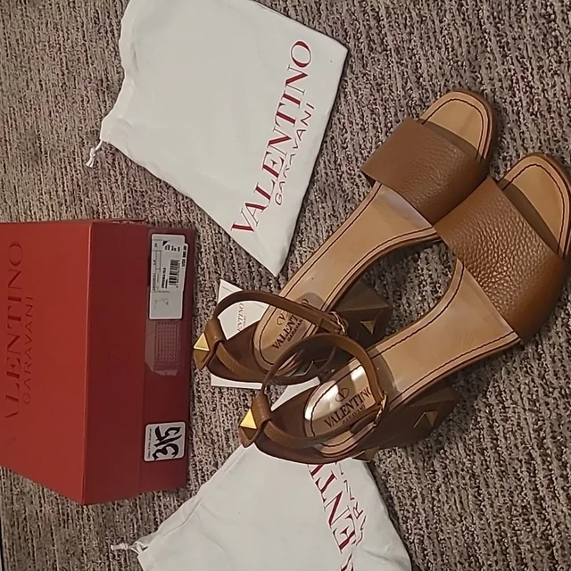 Valentino Garavani Brown Leather Block Heel Sandals in neutral|brown Leather from Poshmark