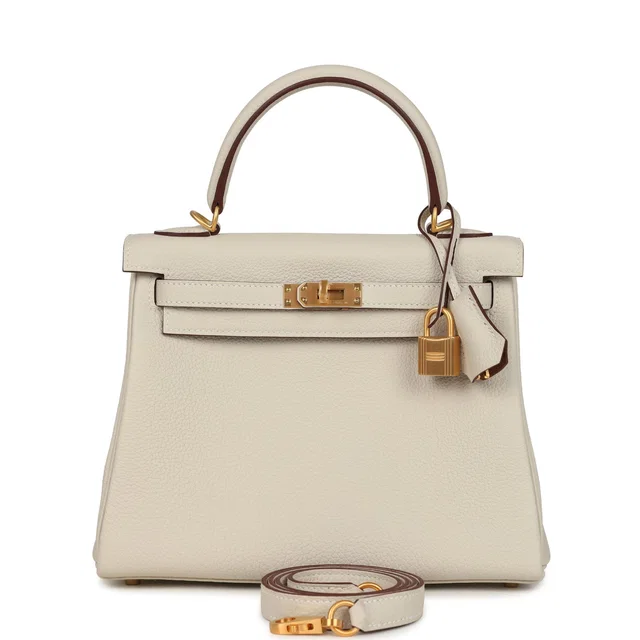 Hermès Special Order (HSS) Kelly Retourne 25 Craie Verso Togo Brushed Gold Hardware in White Togo leather from Madison Avenue Couture