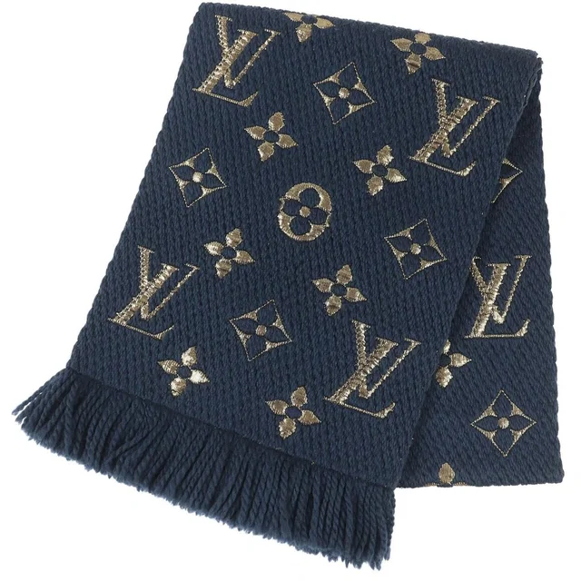 Louis Vuitton Echarpe Logomania Shine Wool Silk Fringe Scarf Navy Gold in Navy Silk from The Reluxe