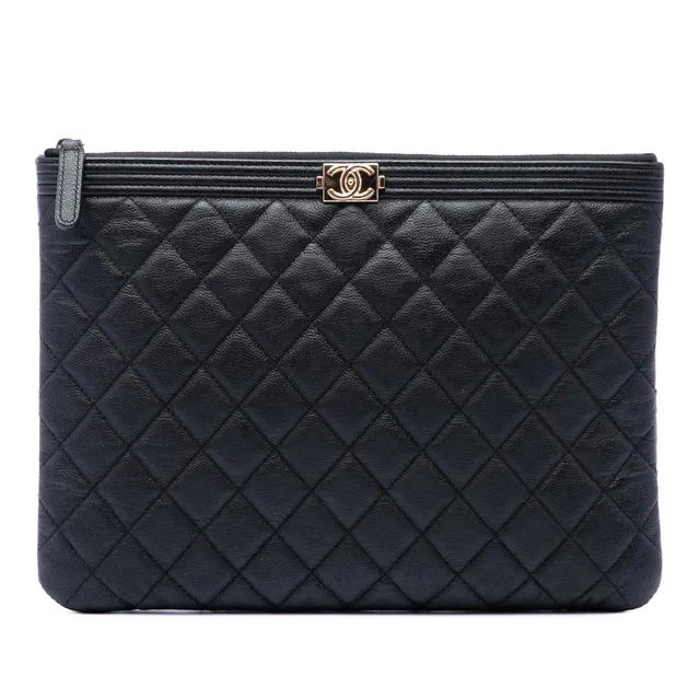 Black Chanel Medium Quilted Caviar Boy O Case Clutch in Black Caviar leather from Designer Revival