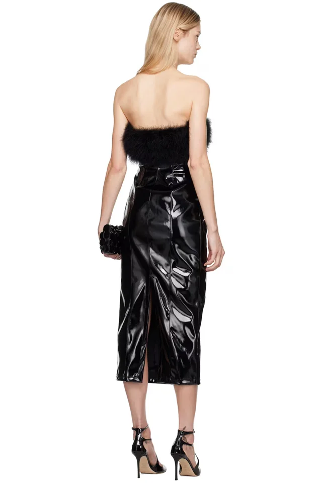 Blumarine Black Marabou Feather Faux-Leather Midi Dress, photo 3 of 4 from SSENSE