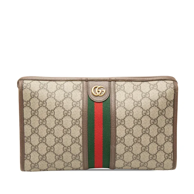 Beige Gucci GG Supreme Web Ophidia Clutch in Beige Coated canvas from Designer Revival