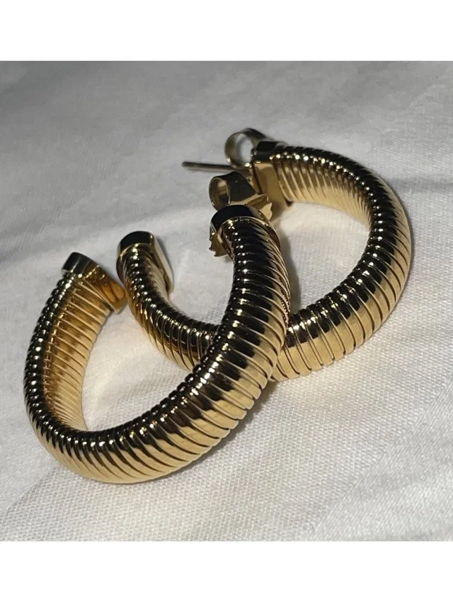 Toned Ribbed Omega Hoop Earrings For Pierced Ears 90s Vintage in gold from Poshmark