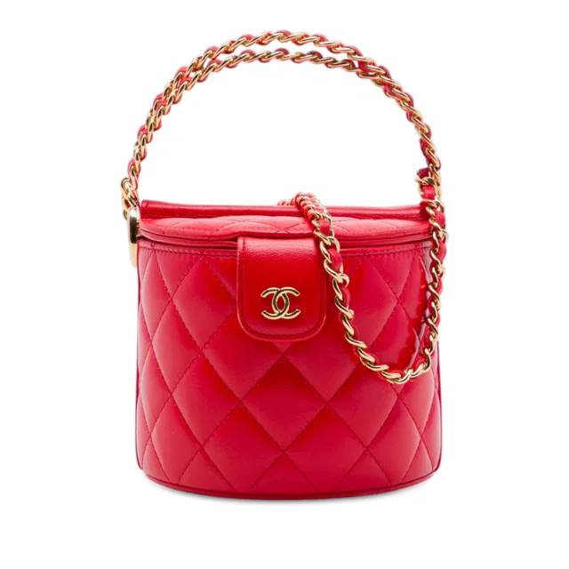 Red Chanel CC Quilted Lambskin Top Handle Round Vanity Case with Chain Satchel in Red Lambskin from Designer Revival