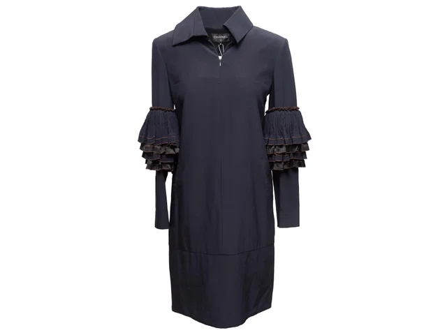 Navy Chanel Silk Ruffle-Trimmed Zip Coat Size FR 36 in Navy Silk from Designer Revival