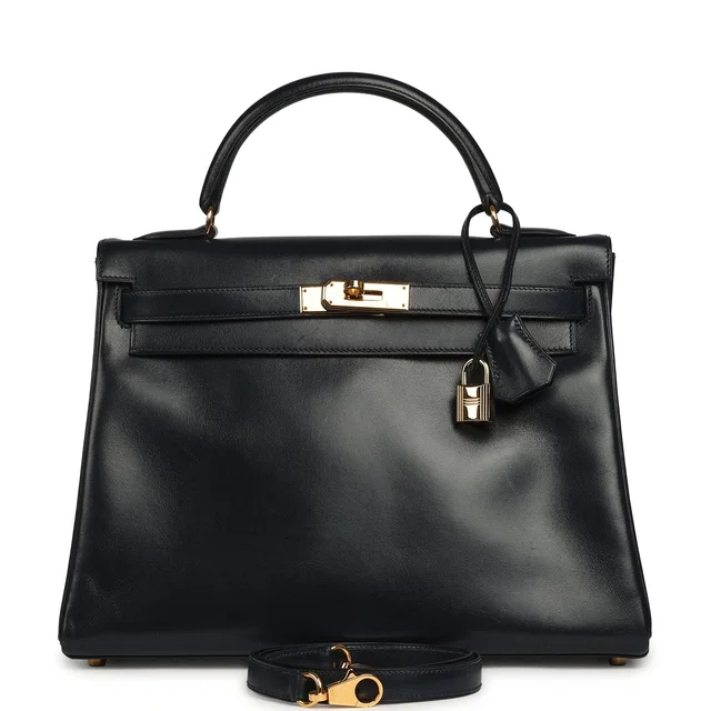 Hermès Vintage Kelly Sellier 32 Bleu Indigo Box Gold Hardware in Blue Calfskin from Madison Avenue Couture