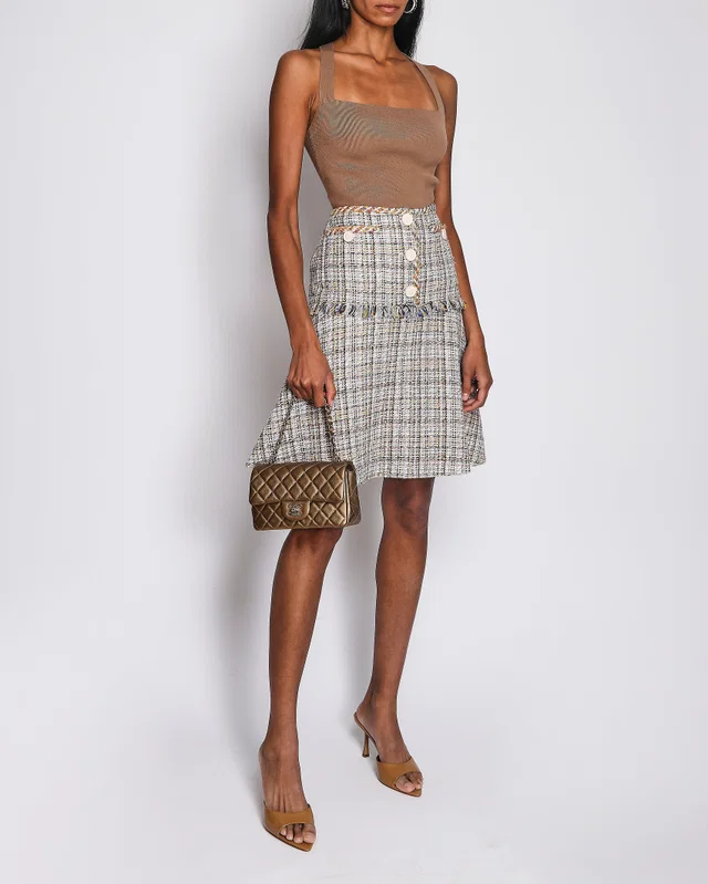 Chanel Multi-Colour Tweed Midi Skirt with CC Logo Buttons and Feather Trim Size FR 38 (UK 10) in Tweed from Sellier