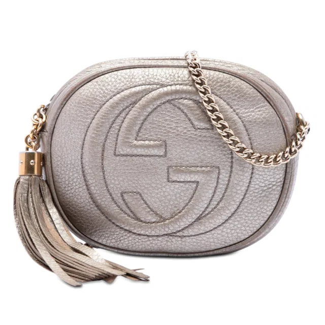 Gold Gucci Mini Metallic Pebbled Calfskin Soho Chain Crossbody in Gold Calfskin from Designer Revival