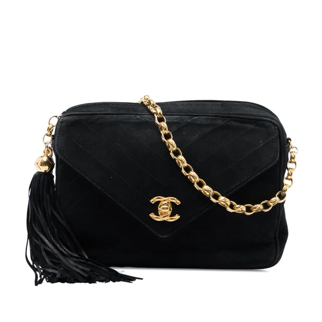 Black Chanel CC Quilted Suede Tassel Camera Bag in Black Suede from Designer Revival