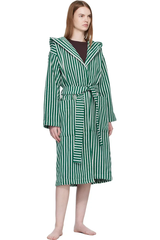 Tekla Green & White Terry Hooded Bathrobe, photo 4 of 4 from SSENSE