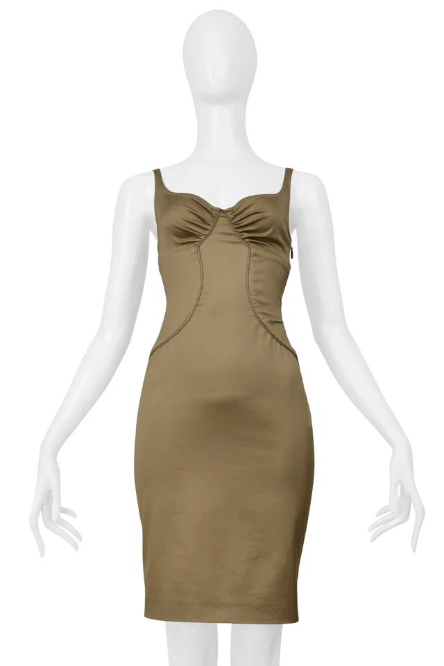 Gucci By Tom Ford Khaki Cocktail Dress 2003 in Green from Resurrection Vintage