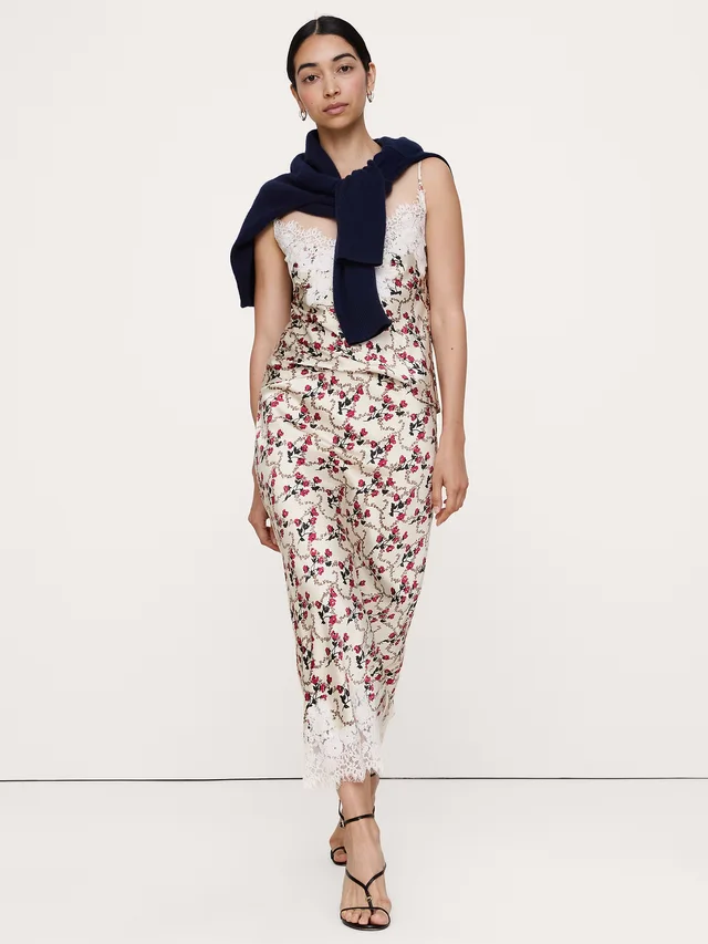 Banana Republic Stretch-Satin Lace-Trim Midi Skirt in Cream Floral, photo 2 of 5 from Banana Republic (US)