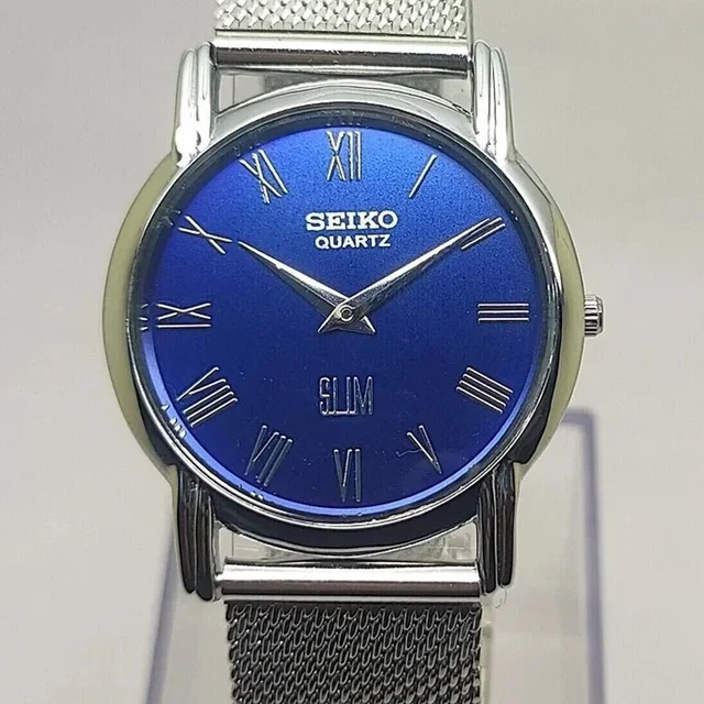 Vintage Style Seiko Quartz Mens Silver Watch & Blue Accents W/ Metal Strap in silver|gold|gray from Poshmark