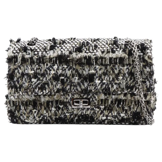 Chanel 2013-era Tweed 2.55 Turn-lock Chain Shoulder Bag, Black/White in Black Tweed from VINTAGE QOO TOKYO
