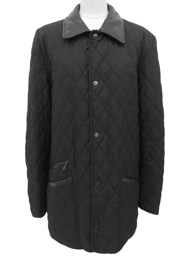 Ferragamo Quilted Logo Button Long Coat #52 Black in Black Nylon from VINTAGE QOO TOKYO