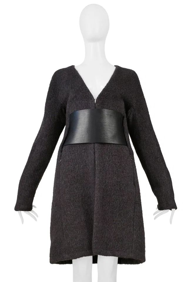 Maison Margiela Grey Mohair Coat With Vertical Zippers And Leather Obi Belt Aw 1996 in Grey Leather from Resurrection Vintage