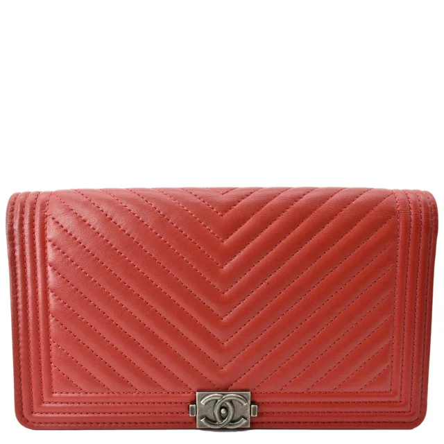 Chanel Women Long Flap Chevron Leather Wallet Red in Red Leather from Dallas Designer Handbags