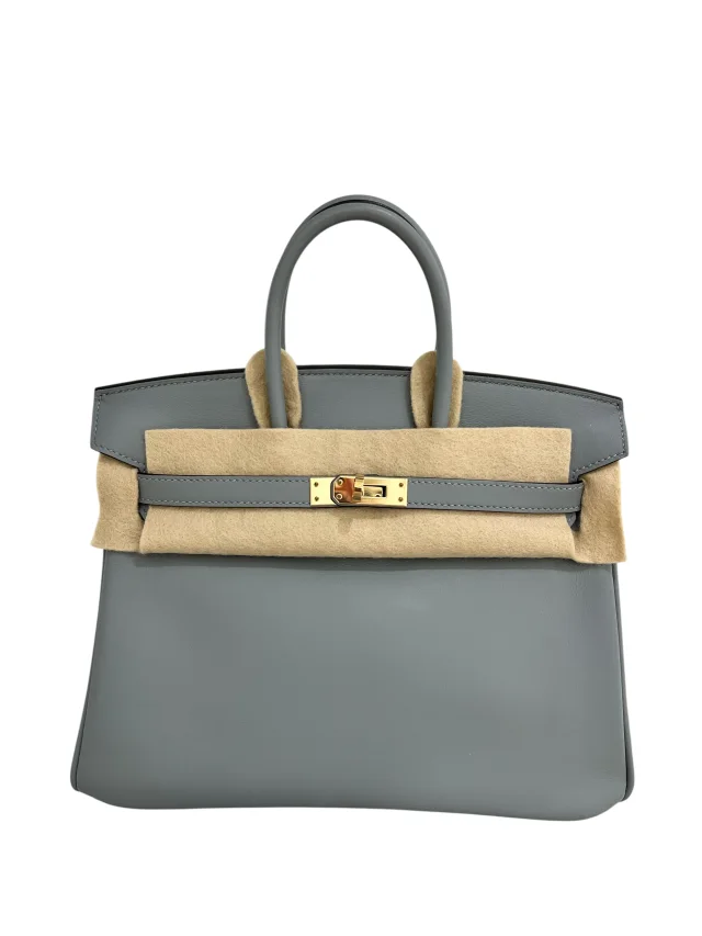 Hermès Birkin 25 Gris Pantin Swift Permabrass HW #W - clouchette lockset, felt, copy receipt, box, 2 DB in Grey Swift leather from Luxury Promise