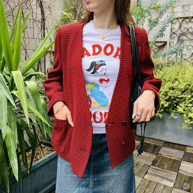 Givenchy Houndstooth Pattern Collarless Jacket #9 Red/Black in Black Wool from VINTAGE QOO TOKYO