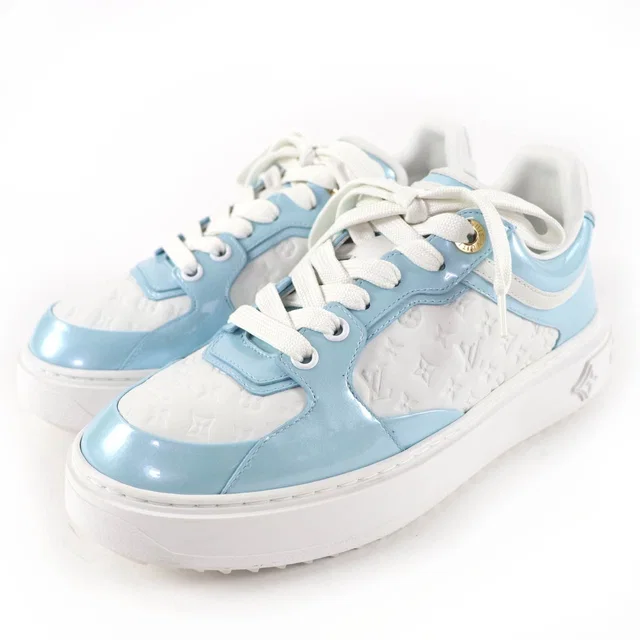 Louis Vuitton Time Out Line Leather Monogram Low-Cut Sneakers Light Blue White in White Leather from The Reluxe