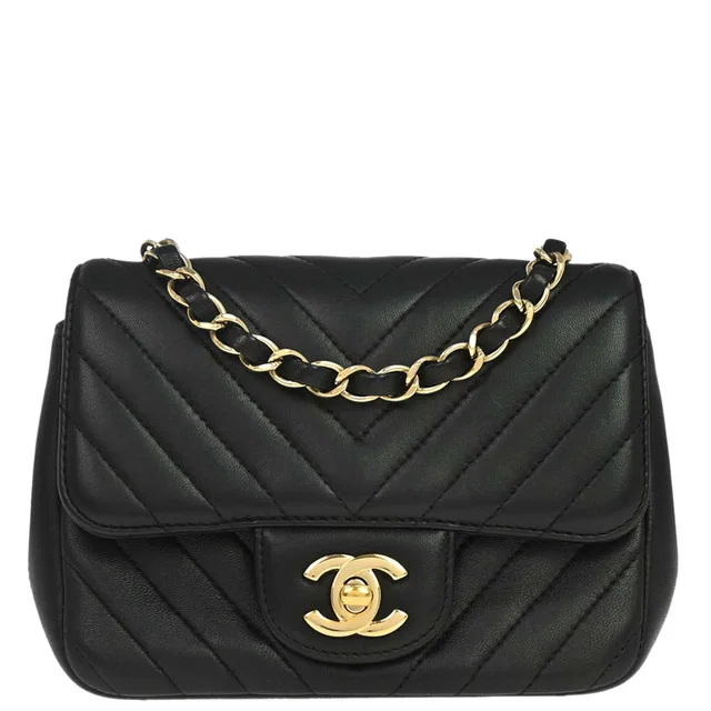 Chanel 2017-2018 Black Lambskin Chevron Mini Classic Square Flap Shoulder Bag 17 in Black Lambskin from AMORE Vintage Tokyo