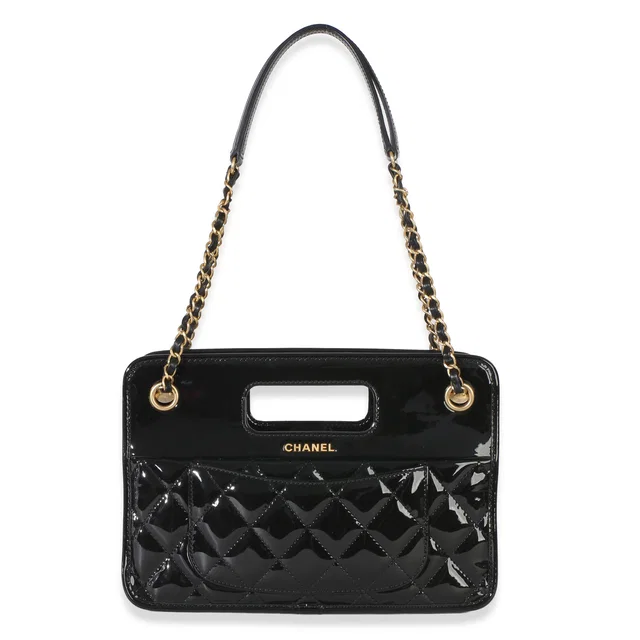Chanel Black Quilted Patent Graphic Catch Small Shopping Bag Leather Handbag in Black Patent leather from HEWI
