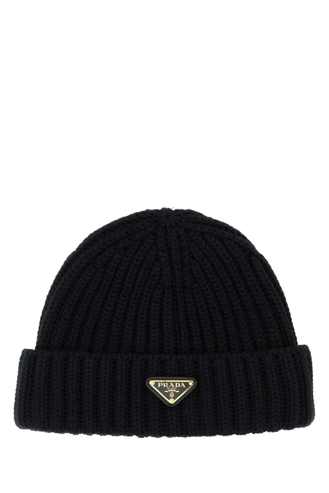 Prada Hat Virgin Wool Ribbed Beanie — Black Exterior: Beanies in Black Wool from HEWI