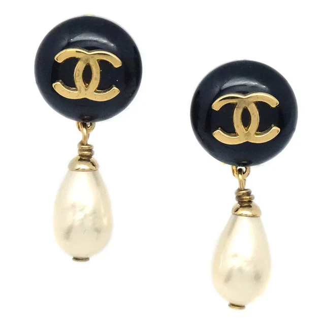 Chanel 1996 CC Black & Faux Teardrop Pearl Dangle Earrings in Black Resin from AMORE Vintage Tokyo