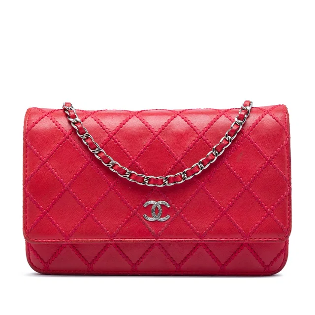Red Chanel CC Lambskin Wild Stitch Wallet on Chain Crossbody Bag in Red Lambskin from Designer Revival