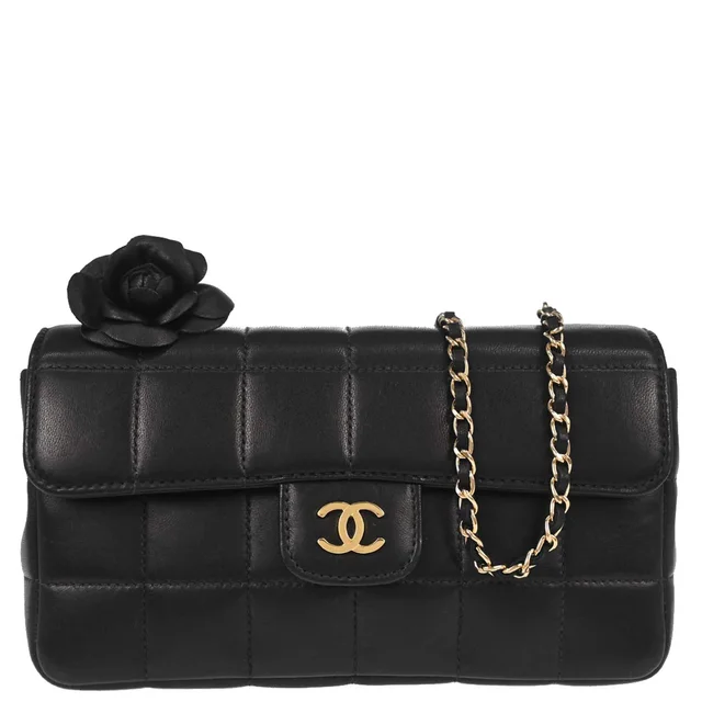 Chanel 2003-2004 Black Lambskin Choco Bar Camellia Shoulder Bag in Black Lambskin from AMORE Vintage Tokyo