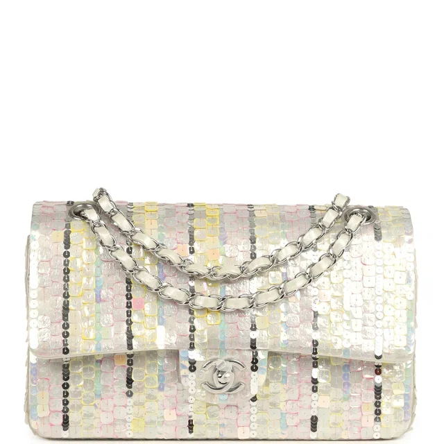 Chanel Medium Sequin Classic Double Flap Bag Light Grey, Pink, Yellow Embroidered Satin Silver Hardware in Pink Satin from Madison Avenue Couture
