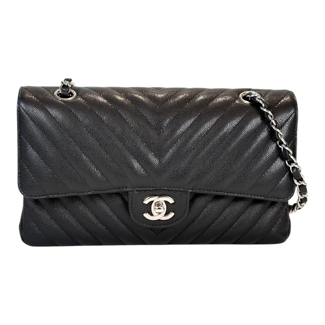 Chanel Classic Flap Medium Black Silver Chevron in Caviar Bag in Black Caviar leather from Luxury Promise, photo 2 of 2