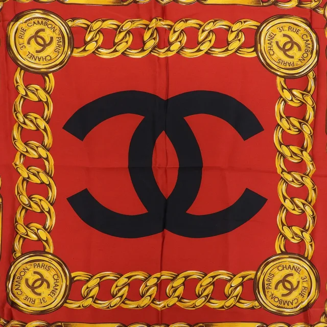 Chanel Chain Pattern Scarf, Red in Red Silk from VINTAGE QOO TOKYO, photo 6 of 10