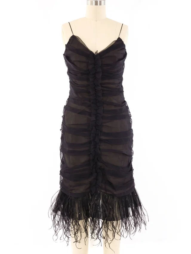 Balmain Feather Trimmed Ruched Chiffon Dress in Ostrich from Arcade Vintage