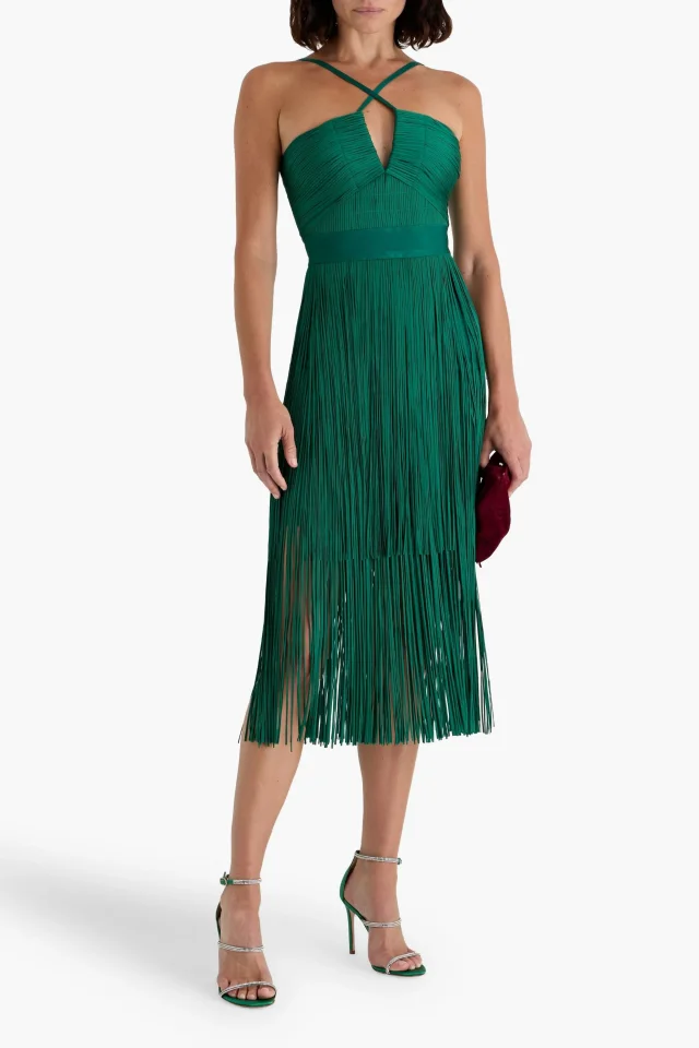 Hervé Léger Natalia Fringed Bandage Midi Dress in Green, photo 2 of 4 from THE OUTNET