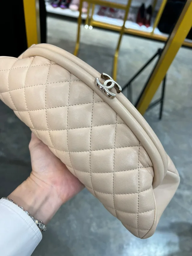 Chanel Beige Lambskin Leather Quilted Timeless Kisslock Clutch in SHW from Luxury Promise