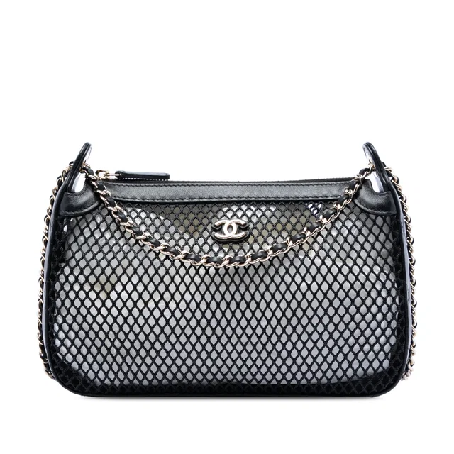 Black Chanel CC Mesh and Shiny Lambskin Clutch with Chain Shoulder Bag in Black Lambskin from Designer Revival