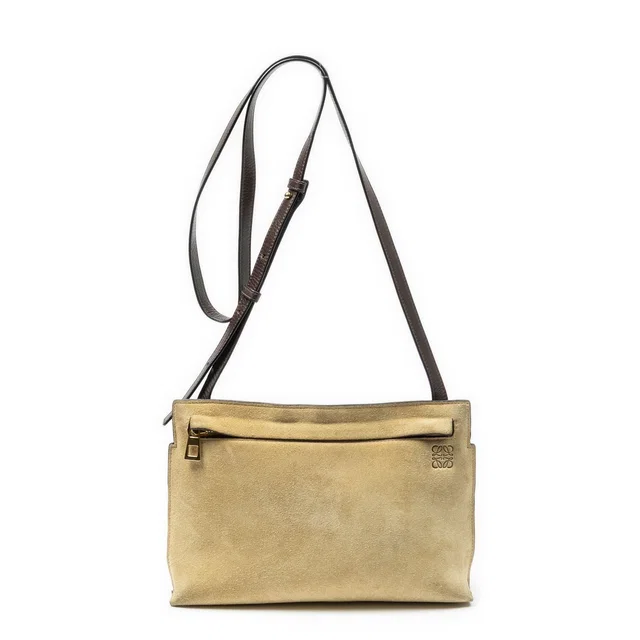 Loewe Loewet Pouch Crossbody Beige Dark Brown Suede Leather in Brown Suede from The Reluxe