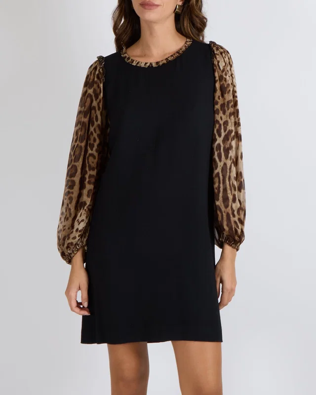 Dolce & Gabbana Black Dress with Leopard Silk Sleeves and Collar Size IT 42 (UK 10) in Black Silk from Sellier