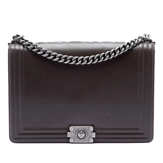 Brown Chanel Large Glazed Calfskin Boy Flap Crossbody Bag in Brown Calfskin from Designer Revival