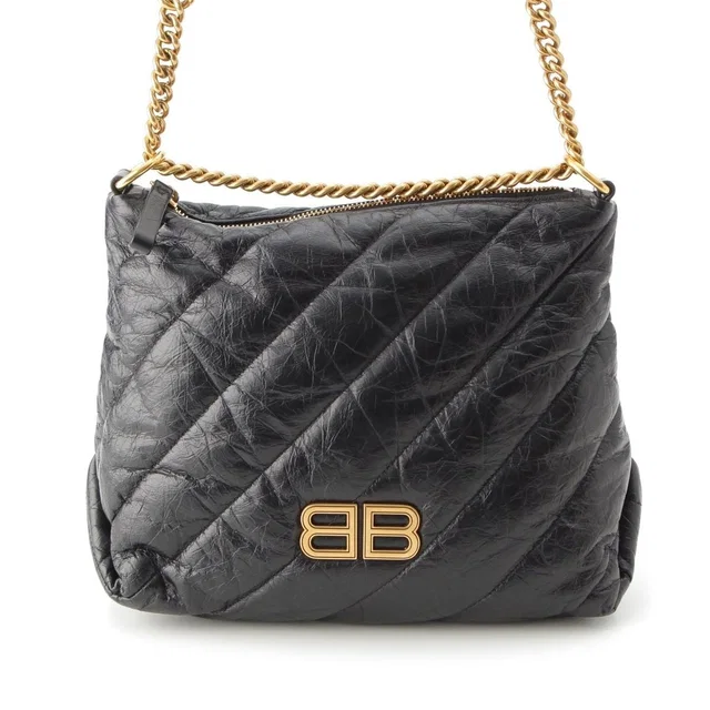 Balenciaga Crush Leather Small Quilted Hobo Chain Shoulder Bag Black in Black Leather from The Reluxe