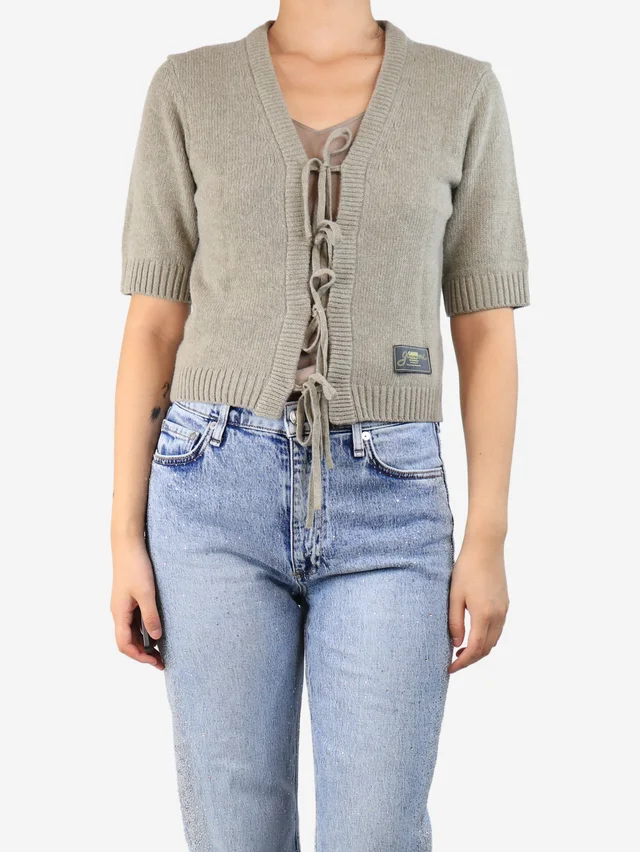 GANNI Sage green cropped tie-front cardigan - size S in Green Wool from Sign of the Times